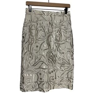 Magali Collection Linen Metallic Silver Embroidered Pencil Skirt Cream Sz 8 EUC
